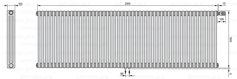 Схема (чертеж) Радиатор Zehnder Charleston 3150/50 №V008 Белый глянцевый RAL 9016